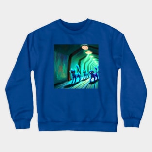 Several Blue Cats March Down a Hallway in an Underground Base Crewneck Sweatshirt